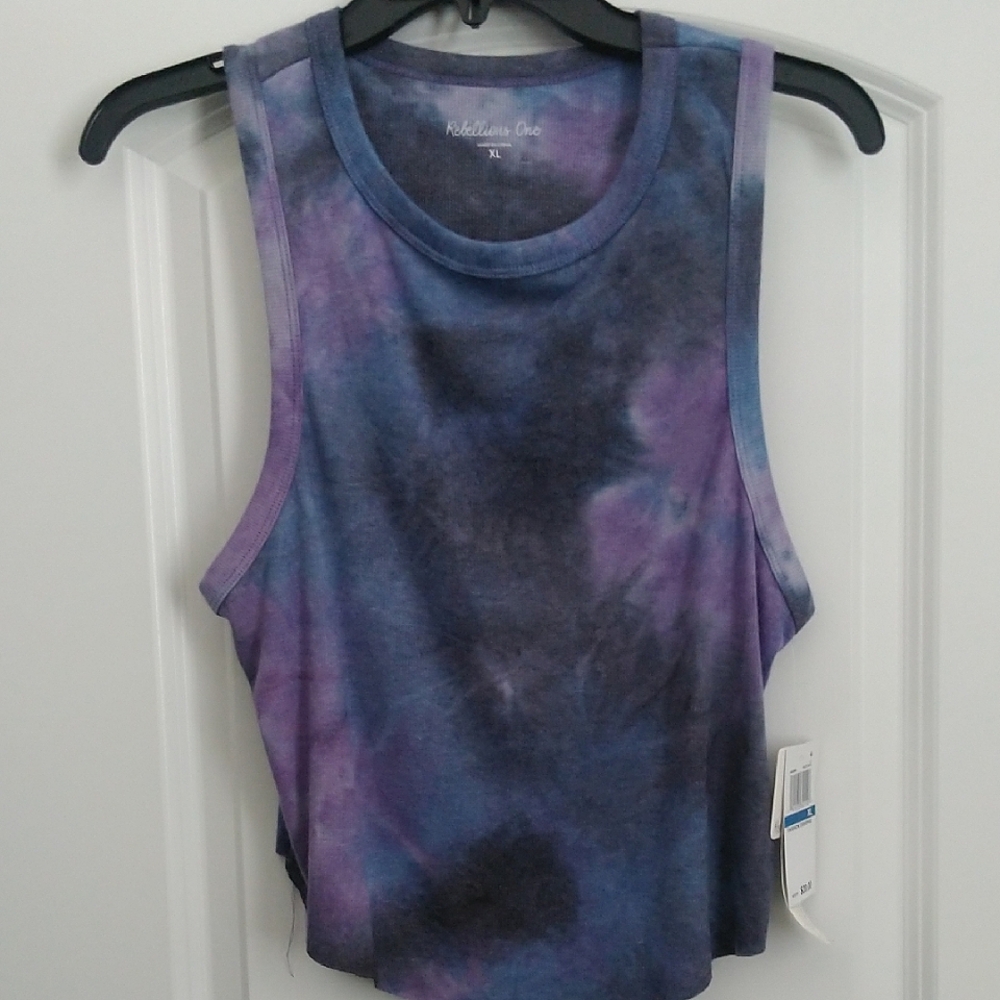 Rebellious One tank in tie-dye purple, blue, and black. Size Juniors XL